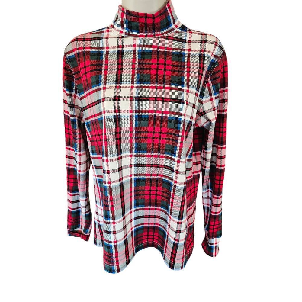 Lands end women Christmas plaid turtleneck layering top holiday XS relaxed fit ^